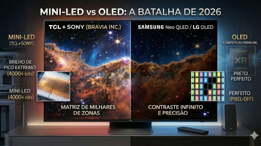 Infográfico comparativo de 2026 entre a tecnologia Mini-LED da TCL Sony (4000 nits e milhares de zonas) e a tecnologia OLED (contraste infinito e pretos perfeitos).