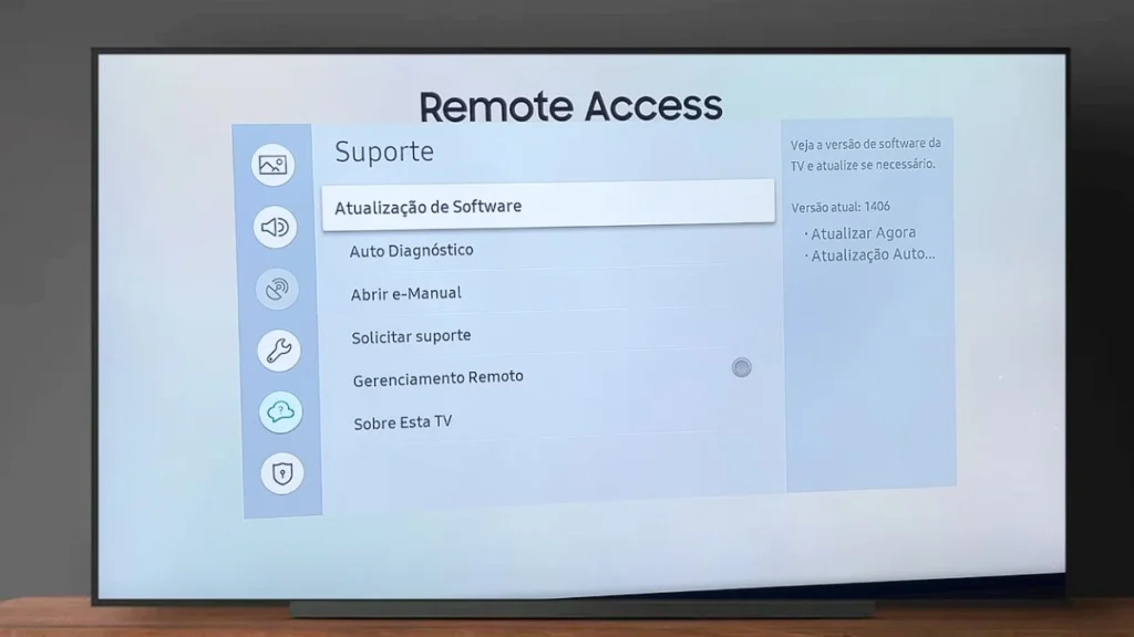 Menu de configurações da Smart TV Samsung destacando o caminho: Suporte, Atualização de Software, e o botão Atualizar Agora para o Tizen 9.0.
