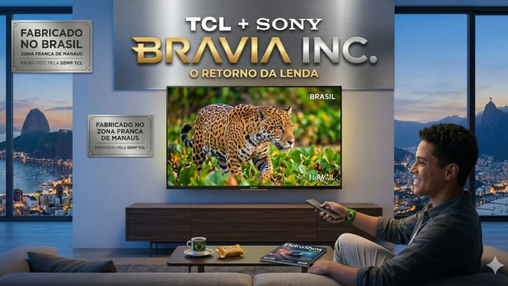 Infográfico visual mostrando a joint venture TCL Sony Bravia Inc. em uma sala com vista para o Rio de Janeiro, exibindo placas de "Fabricado no Brasil" na Zona Franca de Manaus.