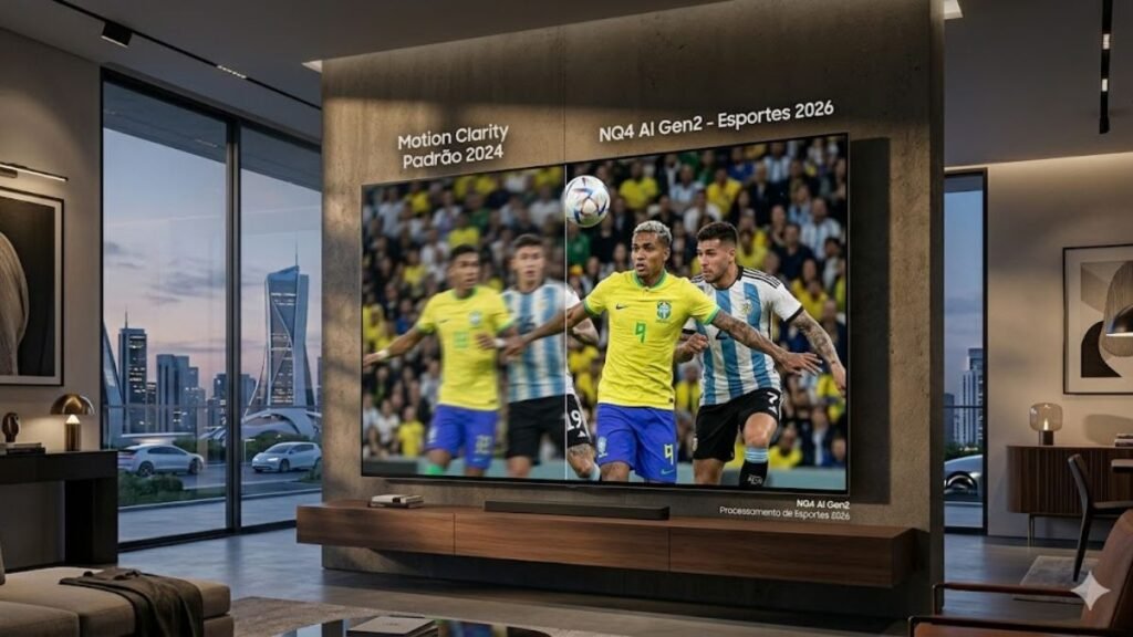 Infográfico em tela dividida comparando o processamento de movimento padrão de 2024 com o novo NQ4 AI Gen2 da Samsung em 2026, demonstrando nitidez absoluta e ausência de borrão em uma cena de jogo de futebol.