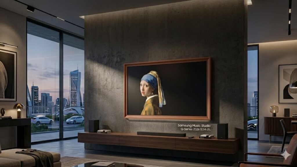 Ambiente de luxo exibindo o Ecossistema Music Studio da Samsung 2026, com uma Soundbar Q-Series de 11.1.4 canais posicionada sob a TV The Frame, sem cabos visíveis, em uma sala de estar moderna.