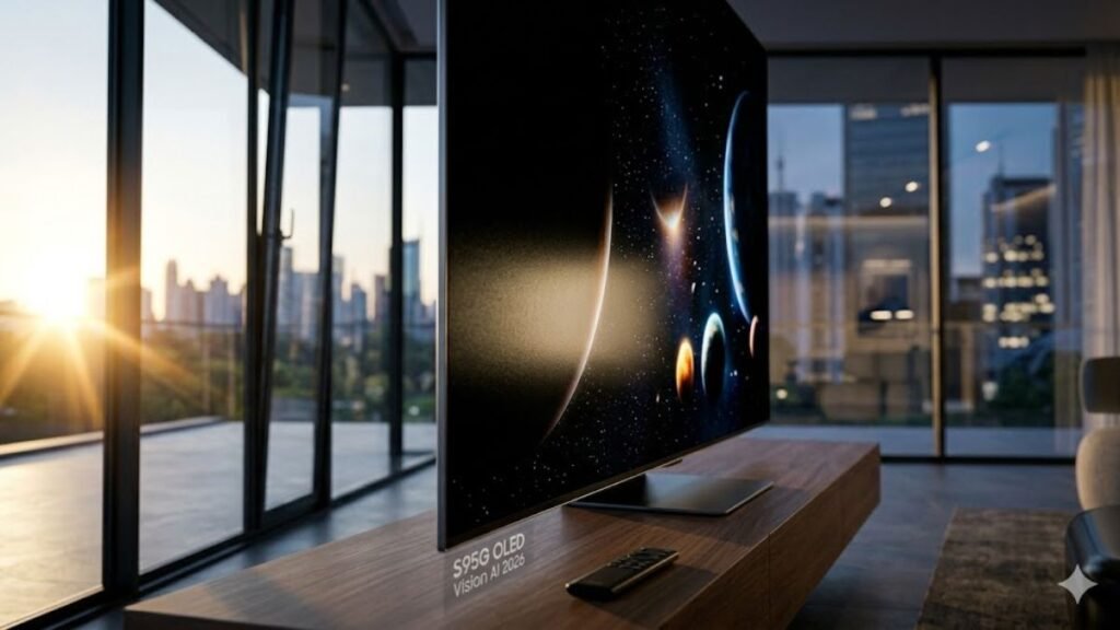 Smart TV Samsung The Frame Pro 2026 instalada em uma sala de estar moderna e iluminada, destacando seu design de quadro e a nova tecnologia de tela sem reflexos Vision AI.