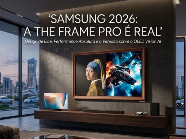 Smart TV Samsung The Frame Pro 2026 instalada em uma sala de estar moderna e iluminada, destacando seu design de quadro e a nova tecnologia de tela sem reflexos Vision AI.