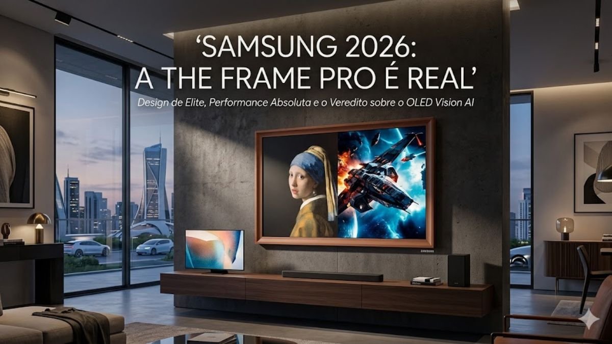 Smart TV Samsung The Frame Pro 2026 instalada em uma sala de estar moderna e iluminada, destacando seu design de quadro e a nova tecnologia de tela sem reflexos Vision AI.