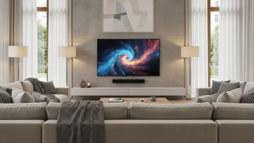 Smart TV de 55 polegadas instalada em sala ampla moderna com tamanho ideal para o ambiente