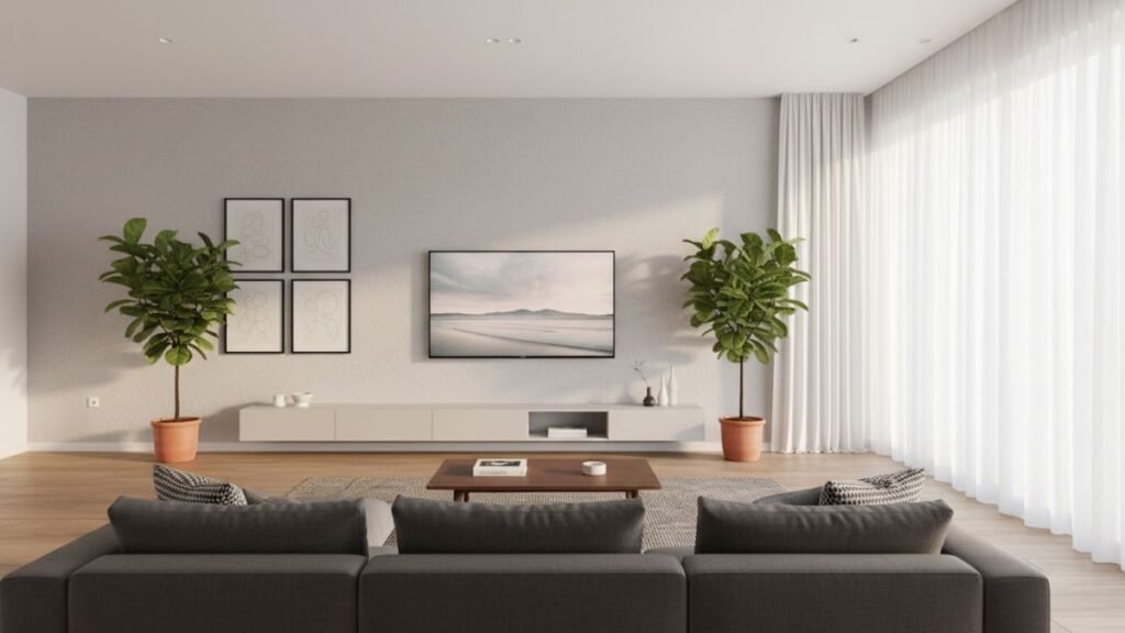Smart TV instalada em sala moderna mostrando exemplo de tamanho ideal de TV para ambiente amplo