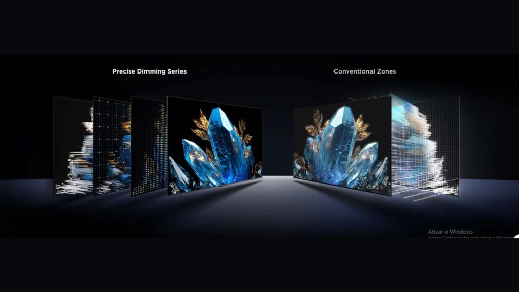 Smart TV TCL C6K com tecnologia QD-Mini LED exibindo contraste intenso e 512 zonas de escurecimento local