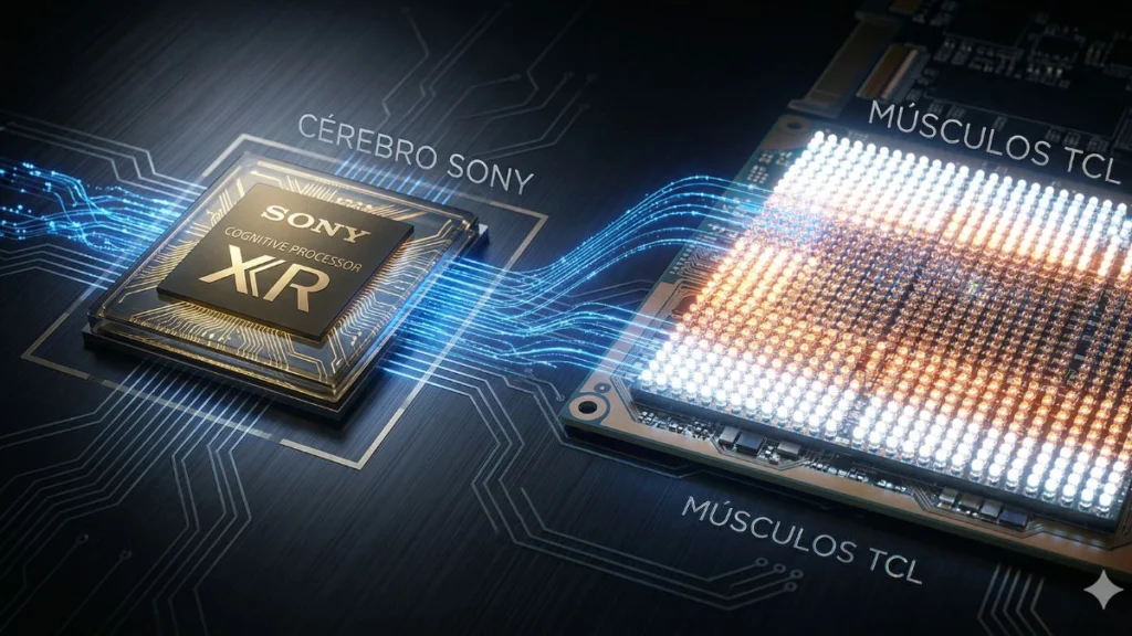 Ilustração técnica mostrando o chip Sony Cognitive Processor XR conectado a uma matriz densa de Mini-LEDs da TCL, representando a união entre processamento japonês e hardware chinês.