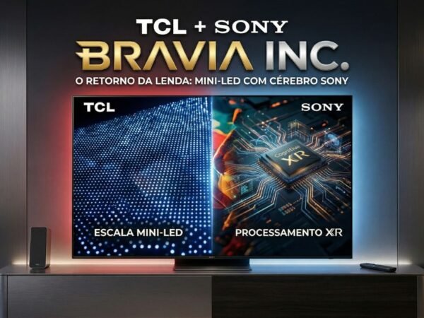 Infográfico da Smart TV 2026 da joint venture TCL Sony Bravia, destacando a união da tecnologia Mini-LED da TCL com o processamento Cognitive XR da Sony.