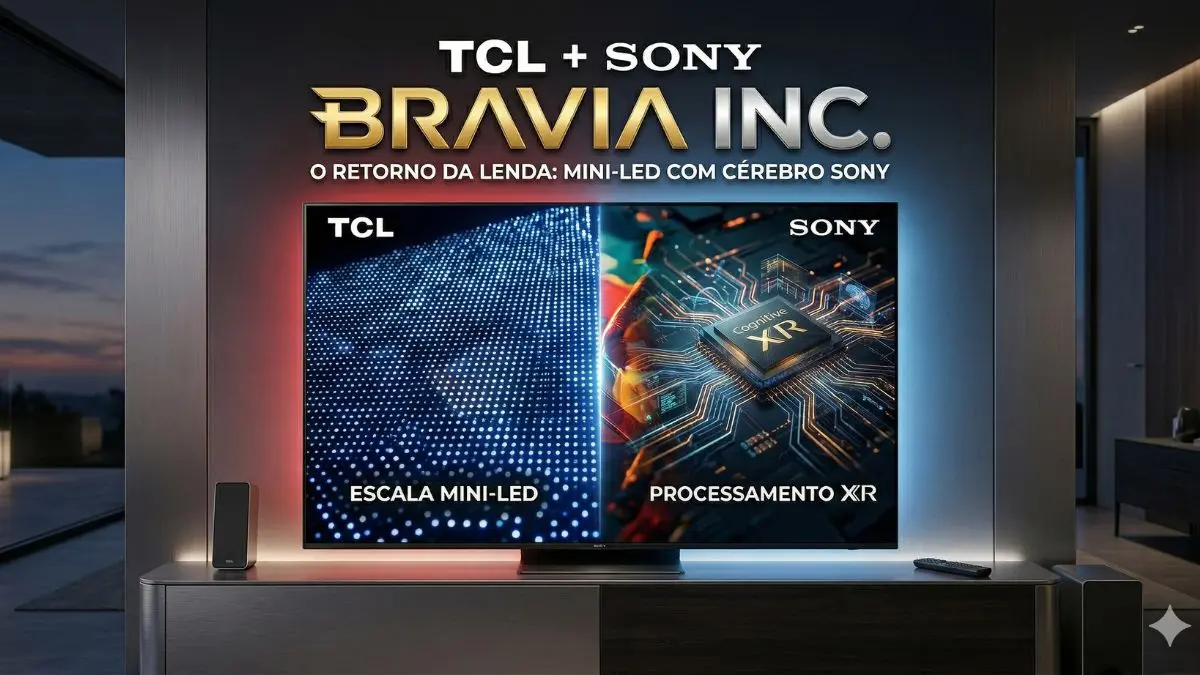Infográfico da Smart TV 2026 da joint venture TCL Sony Bravia, destacando a união da tecnologia Mini-LED da TCL com o processamento Cognitive XR da Sony.