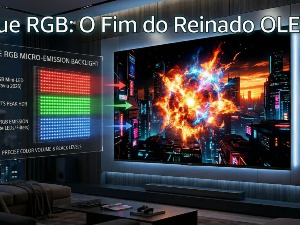 Infográfico técnico da Smart TV Sony Bravia 2026 destacando a tecnologia True RGB Mini-LED, pico de brilho de 5.000 nits e micro-emissão de cores nativas.