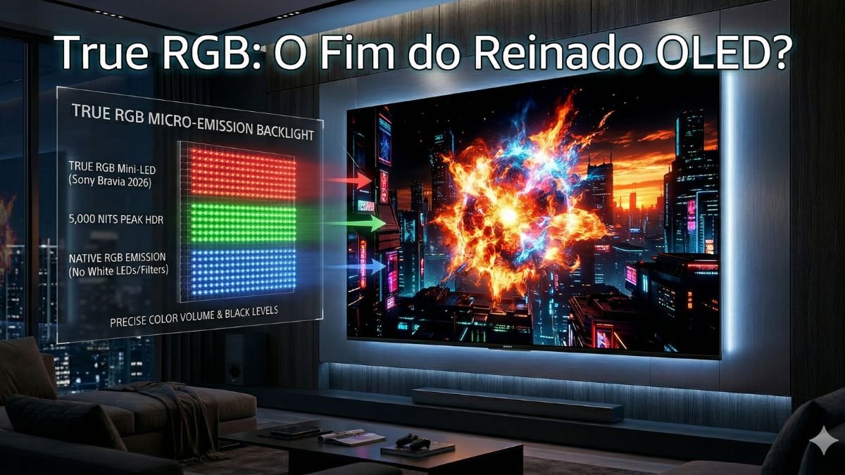 Infográfico técnico da Smart TV Sony Bravia 2026 destacando a tecnologia True RGB Mini-LED, pico de brilho de 5.000 nits e micro-emissão de cores nativas.