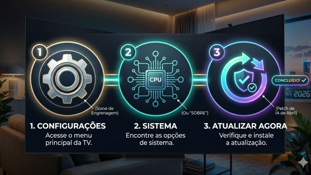 Infográfico didático com três etapas numeradas explicando como atualizar o software para receber a IA na Smart TV 2026: 1. Acessar Configurações (ícone de engrenagem), 2. Selecionar Sistema e 3. Clicar em Atualizar Agora.