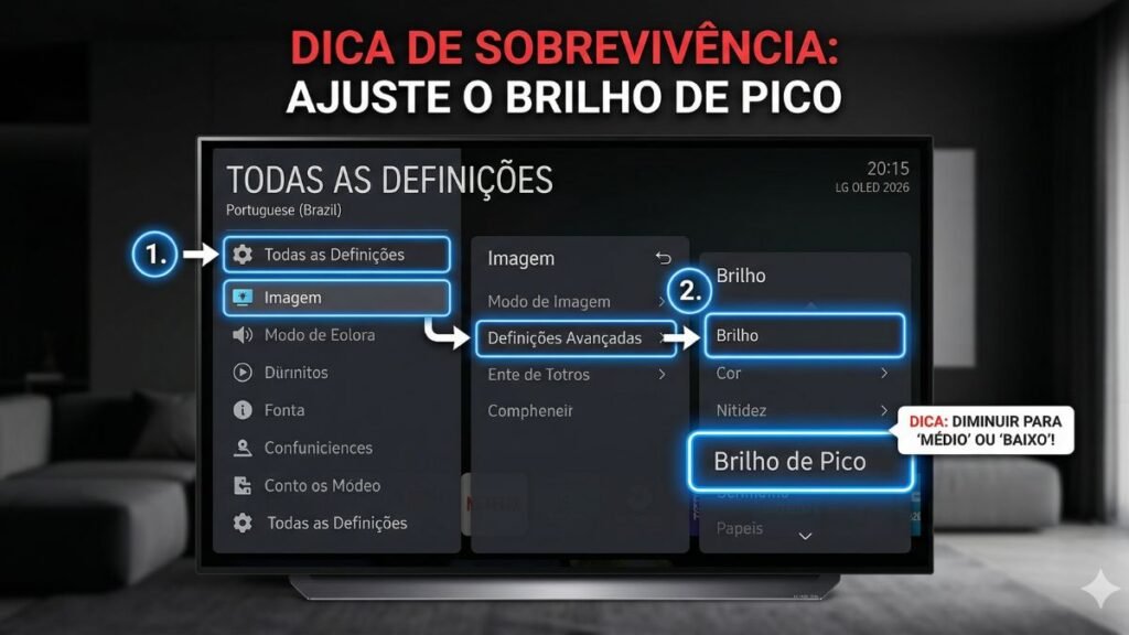 Mockup tutorial em português mostrando o menu da TV LG OLED 2026: o caminho destaca Configurações, Imagem, Definições Avançadas e o ajuste de Brilho de Pico para resolver o bug de desligamento.