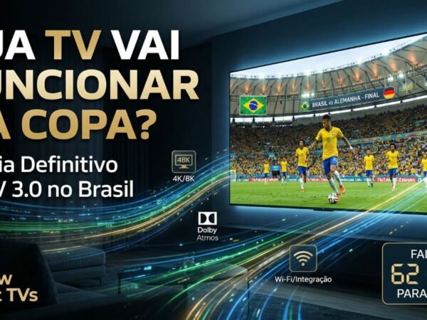 Smart TV de última geração em sala moderna exibindo jogo da seleção brasileira com efeitos de tecnologia TV 3.0 e contagem regressiva para a Copa de 2026.