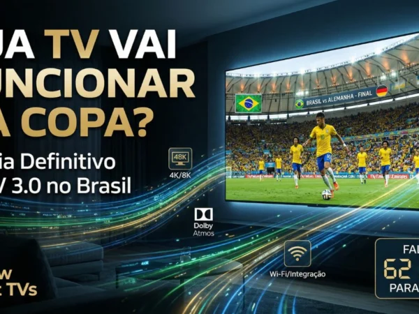 Smart TV de última geração em sala moderna exibindo jogo da seleção brasileira com efeitos de tecnologia TV 3.0 e contagem regressiva para a Copa de 2026.