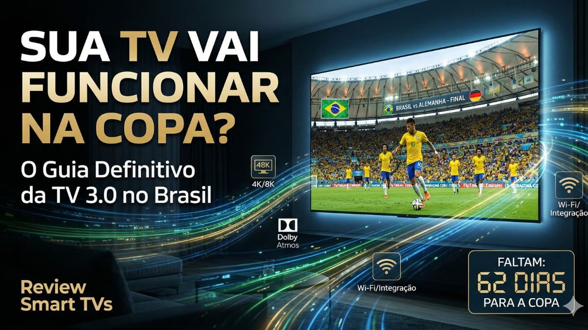 Smart TV de última geração em sala moderna exibindo jogo da seleção brasileira com efeitos de tecnologia TV 3.0 e contagem regressiva para a Copa de 2026.