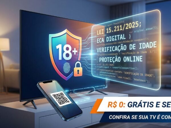 Smart TV exibindo aviso de verificação de idade da Lei 15.211/2025 (ECA Digital) com smartphone escaneando QR Code para autenticação segura.