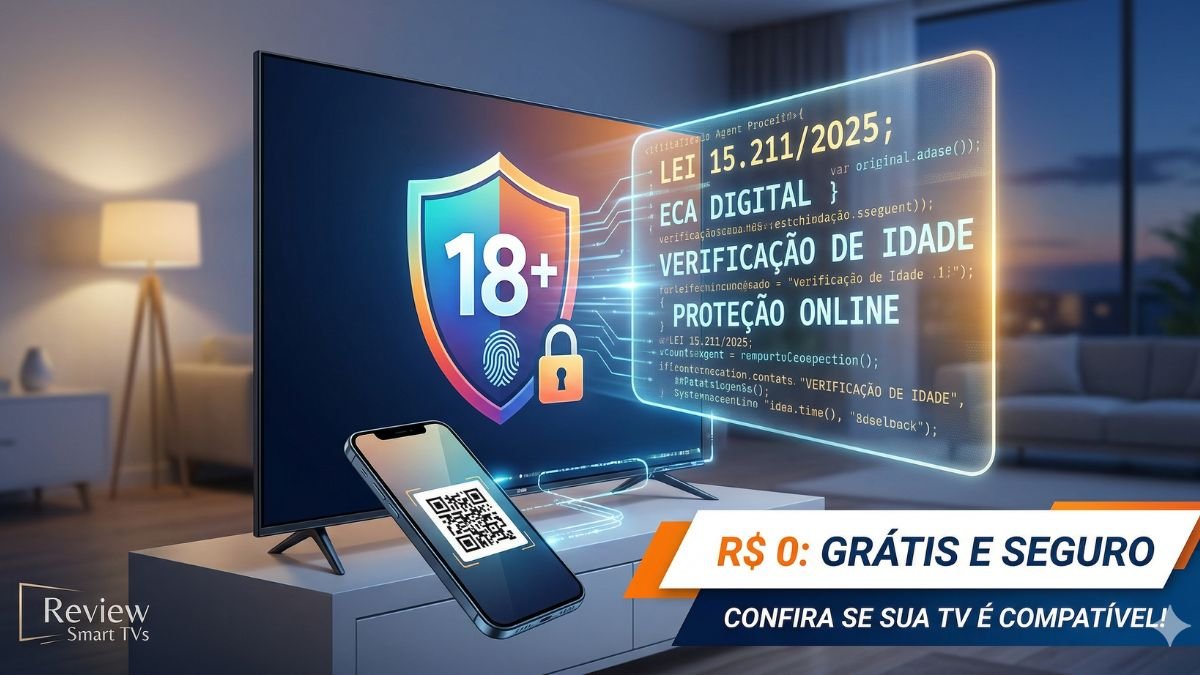 Smart TV exibindo aviso de verificação de idade da Lei 15.211/2025 (ECA Digital) com smartphone escaneando QR Code para autenticação segura.