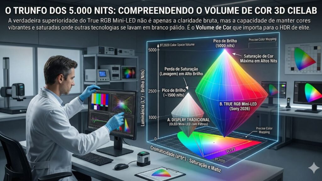 Infográfico 3D de Volume de Cor CIELAB comparando o True RGB Mini-LED da Sony 2026 (5.000 nits) contra um display tradicional. O gráfico demonstra como a nova tecnologia mantém a saturação total das cores em brilho extremo, enquanto a tecnologia antiga apresenta lavagem cromática.
