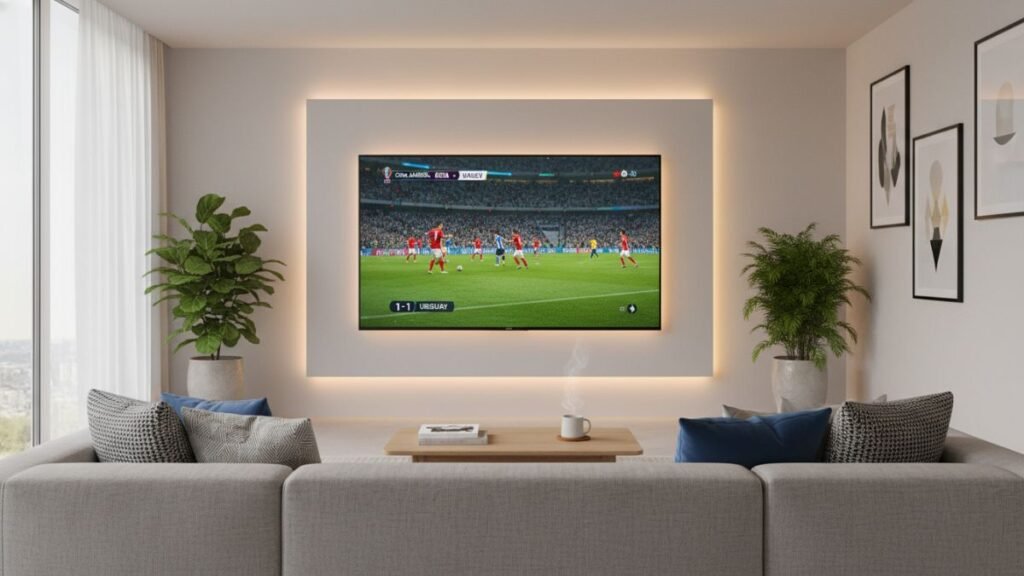 Smart TV OLED exibindo jogo de futebol em sala moderna com iluminação ambiente e sofá confortável