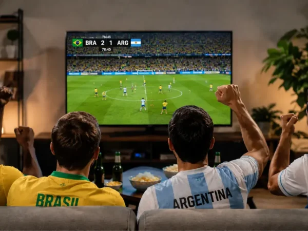 Grupo de amigos assistindo futebol ao vivo entre Brasil e Argentina em uma Smart TV sem travamentos.