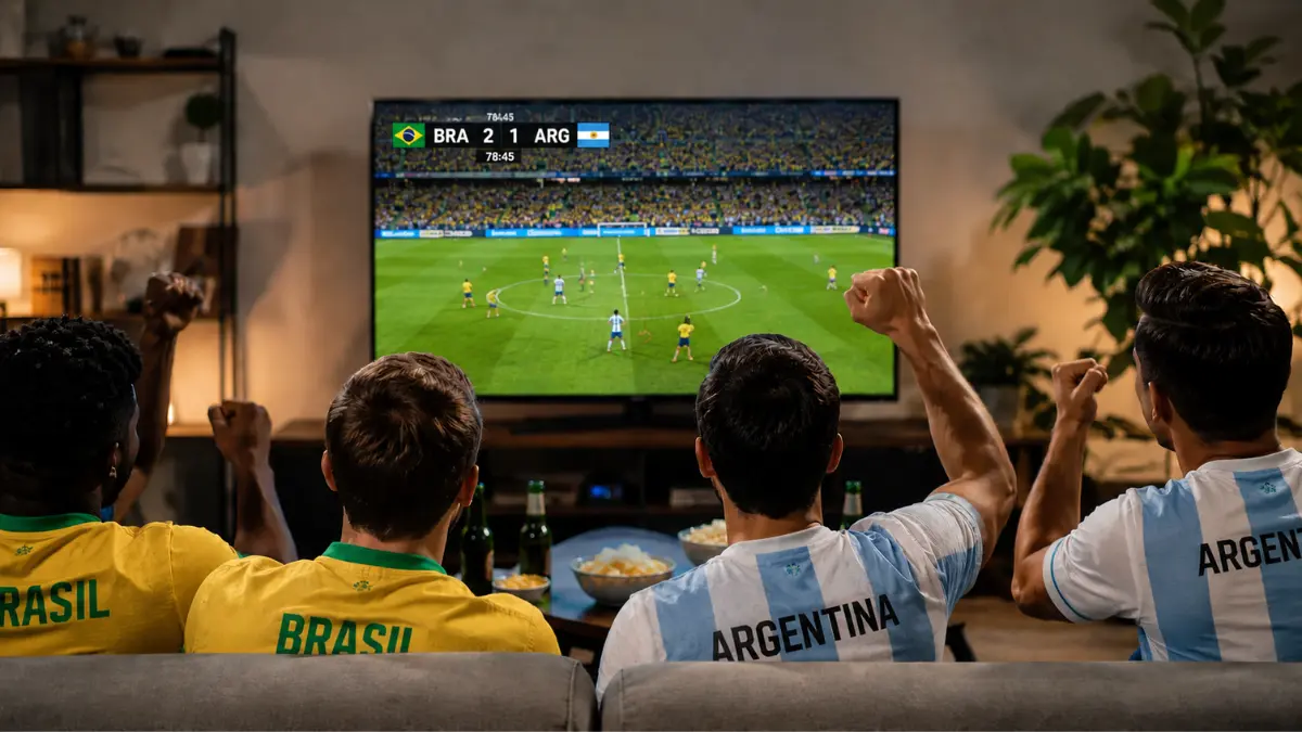 Grupo de amigos assistindo futebol ao vivo entre Brasil e Argentina em uma Smart TV sem travamentos.