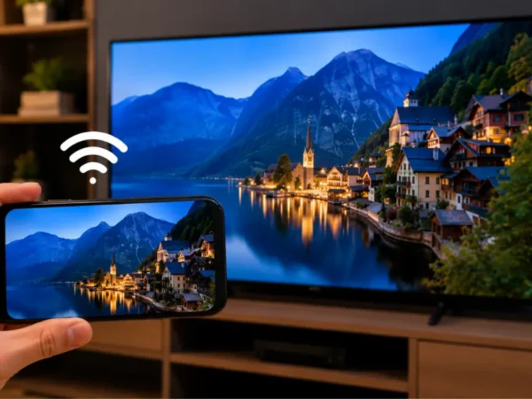 Celular espelhando tela em uma Smart TV por conexão sem fio.