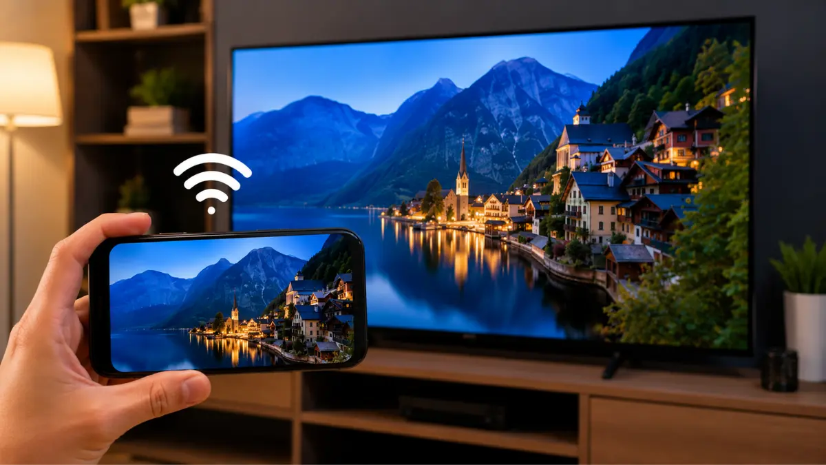 Celular espelhando tela em uma Smart TV por conexão sem fio.