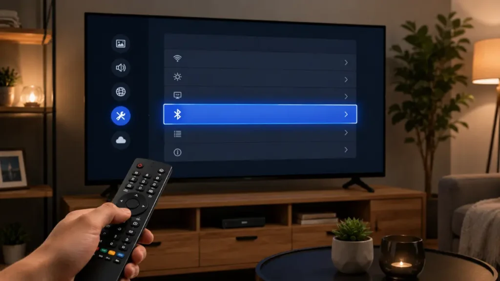 Usuário verificando a opção Bluetooth no menu de configurações de uma Smart TV.