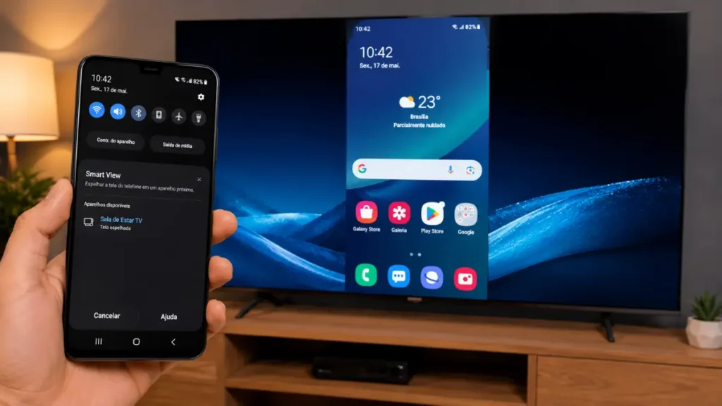 Celular Android espelhando a tela em uma Smart TV via conexão sem fio