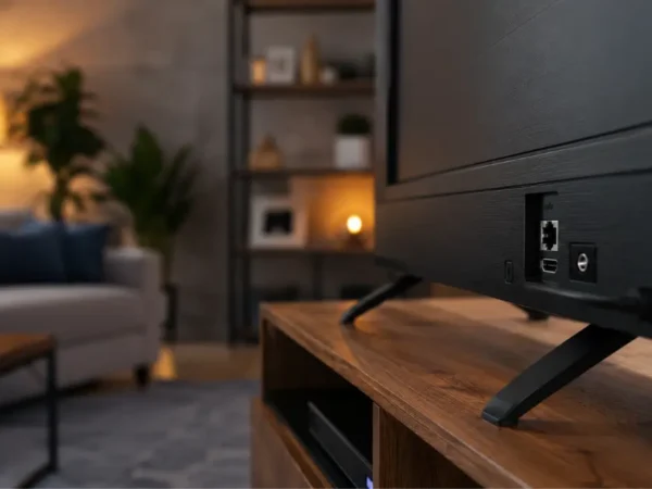 Smart TV conectada à internet em uma sala moderna, representando soluções para melhorar o Wi-Fi e evitar travamentos no streaming.