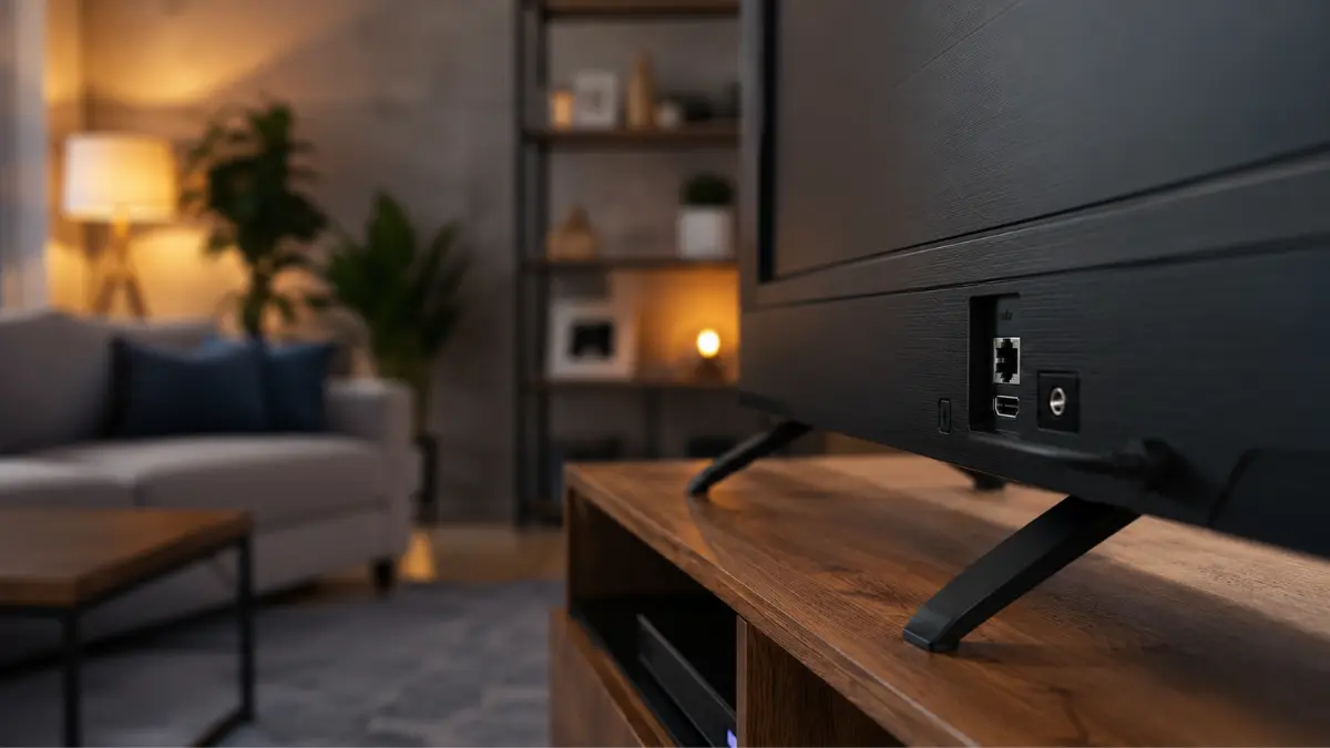 Smart TV conectada à internet em uma sala moderna, representando soluções para melhorar o Wi-Fi e evitar travamentos no streaming.