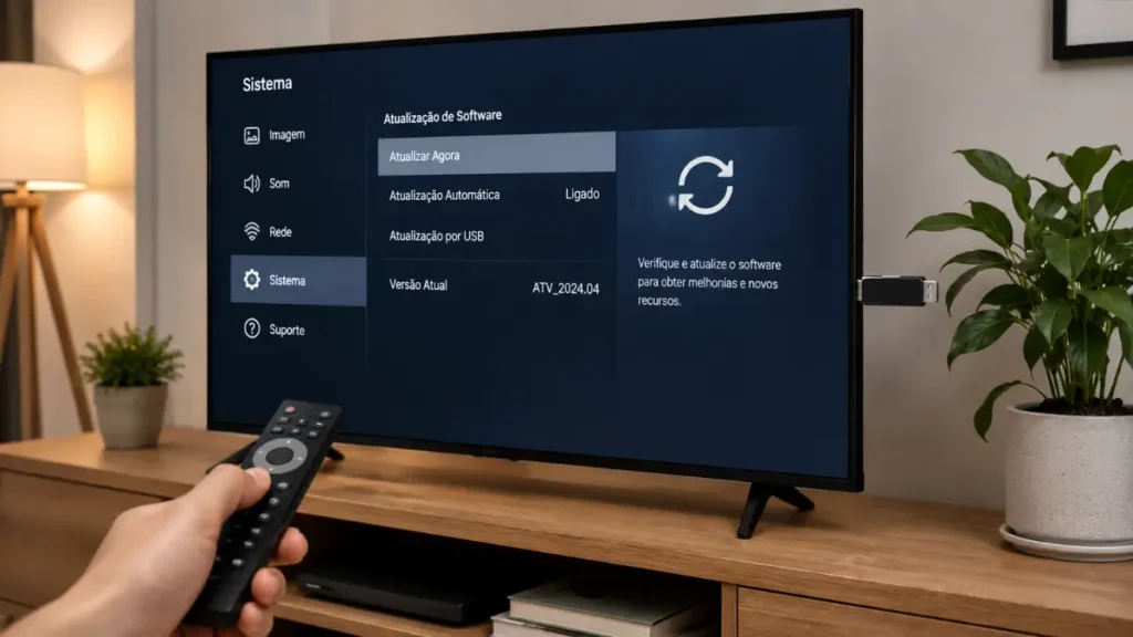 Smart TV em processo de atualização de software com pendrive conectado.