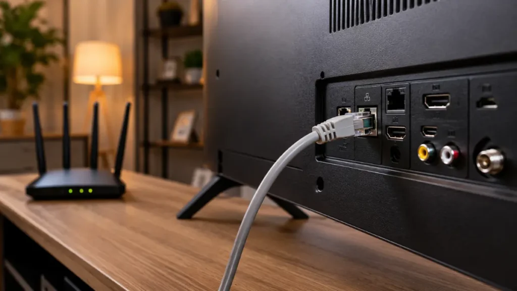 Cabo Ethernet conectado a uma Smart TV para melhorar a estabilidade da internet e evitar travamentos no streaming.