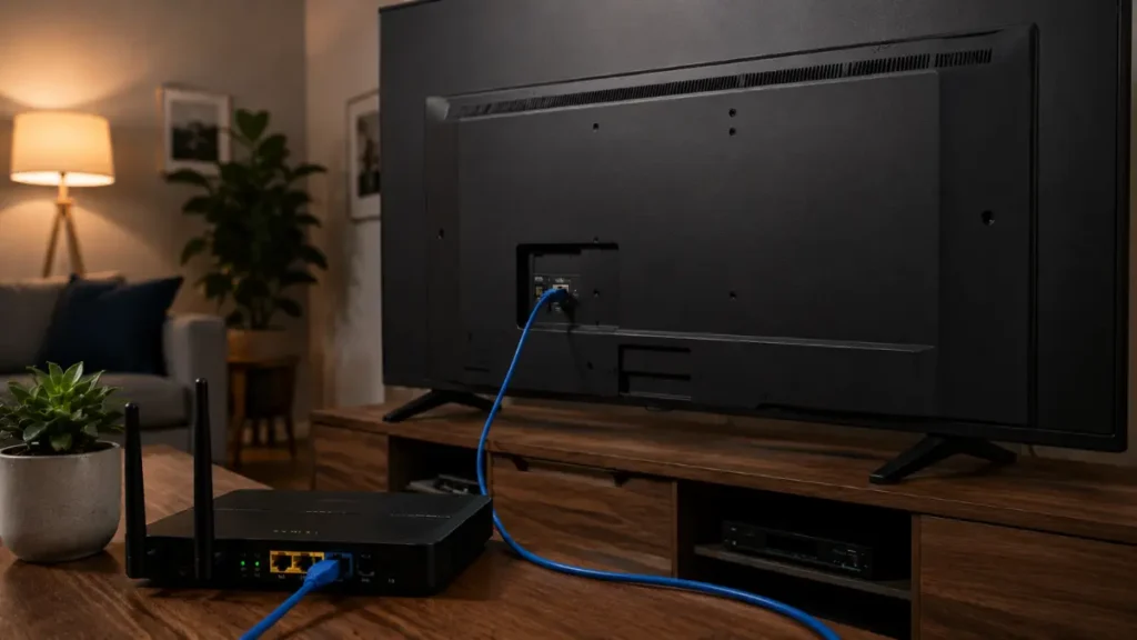 Parte traseira de uma Smart TV conectada ao roteador por cabo de rede para melhorar a estabilidade do streaming de futebol ao vivo.