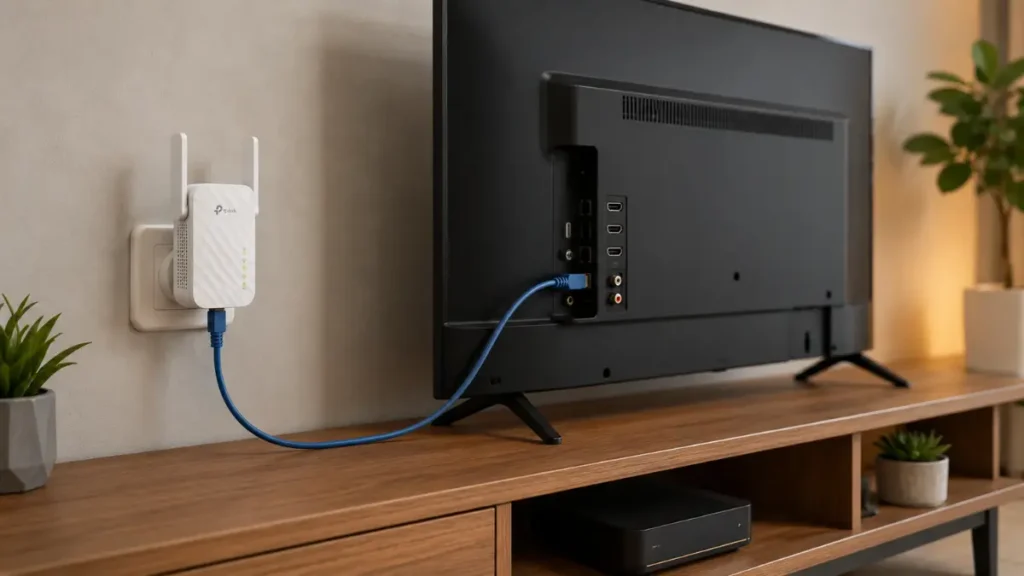 Smart TV conectada à internet por repetidor Wi-Fi com cabo Ethernet