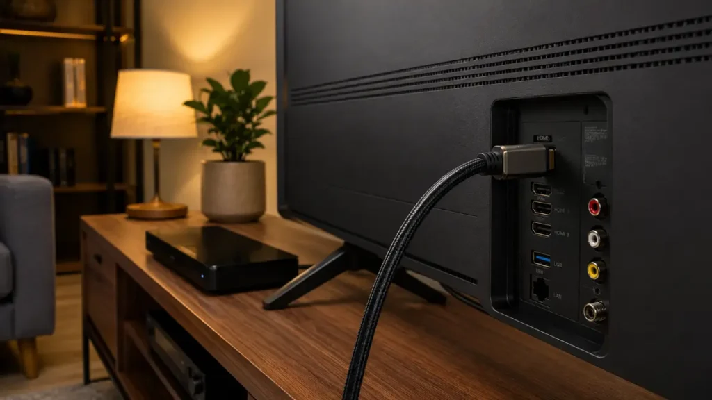 Cabo HDMI 2.1 conectado a uma Smart TV 4K para transmissão de filmes em alta qualidade.