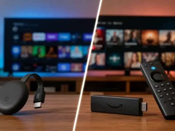 Comparação entre Chromecast integrado e Fire TV em uma sala com Smart TV exibindo plataformas de streaming.