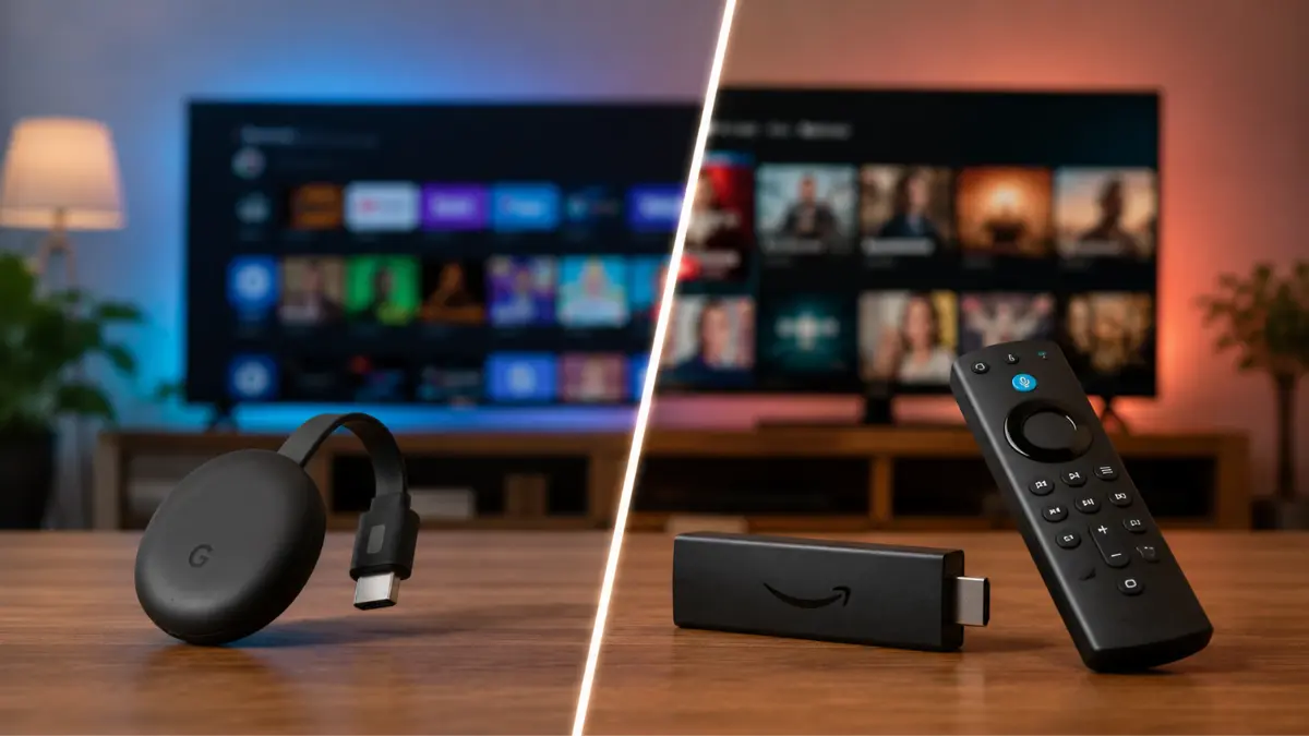 Comparação entre Chromecast integrado e Fire TV em uma sala com Smart TV exibindo plataformas de streaming.