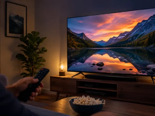Pessoa assistindo a um filme em 4K em uma Smart TV com imagem de alta definição em uma sala de estar.