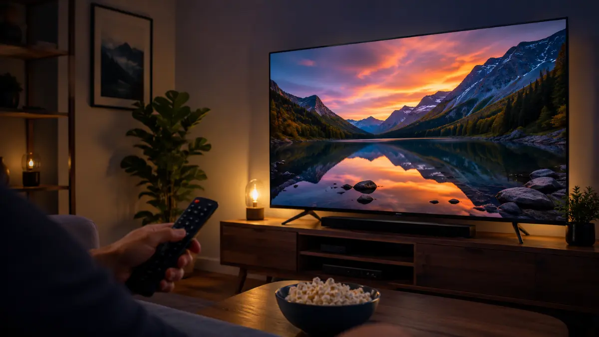 Pessoa assistindo a um filme em 4K em uma Smart TV com imagem de alta definição em uma sala de estar.