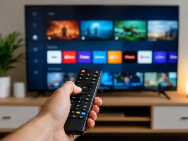 Controle remoto em frente a uma Smart TV com aplicativos de streaming.