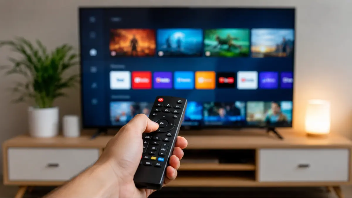 Controle remoto em frente a uma Smart TV com aplicativos de streaming.