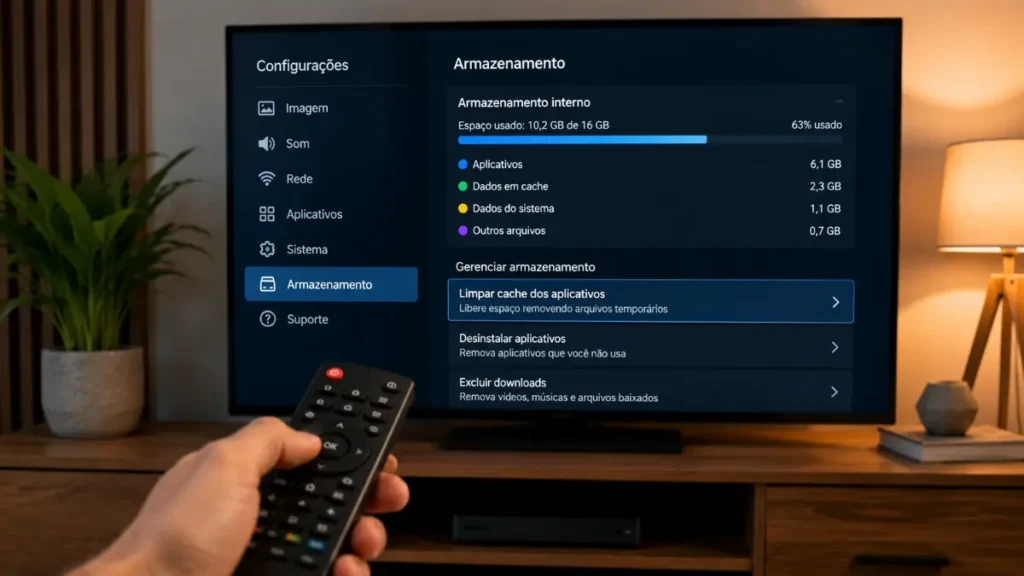 Menu de configurações de uma Smart TV sendo utilizado para liberar espaço de armazenamento e melhorar o desempenho.