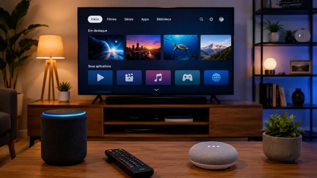 Comparação entre Smart TV com Alexa e Smart TV com Google Assistente em uma sala moderna.