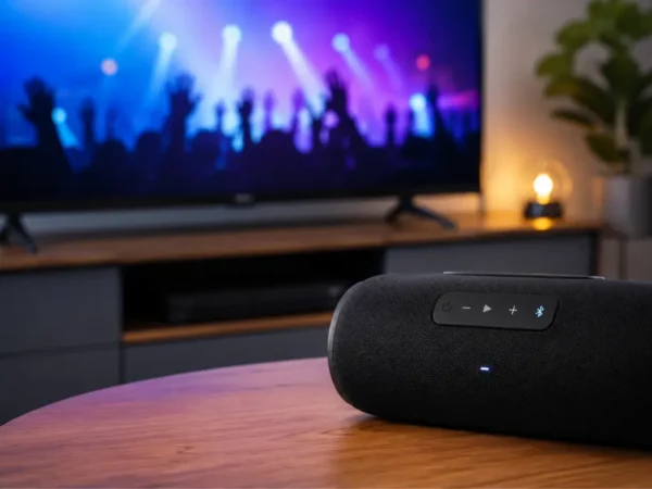 Caixa de som Bluetooth conectada à Smart TV para melhorar a qualidade do áudio durante filmes e séries.