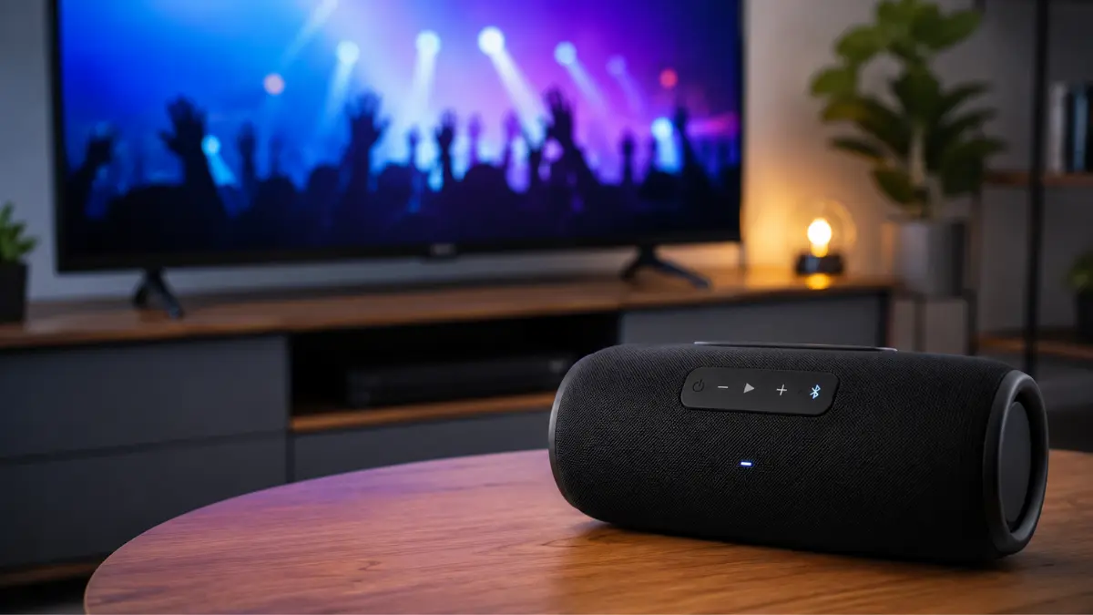 Caixa de som Bluetooth conectada à Smart TV para melhorar a qualidade do áudio durante filmes e séries.