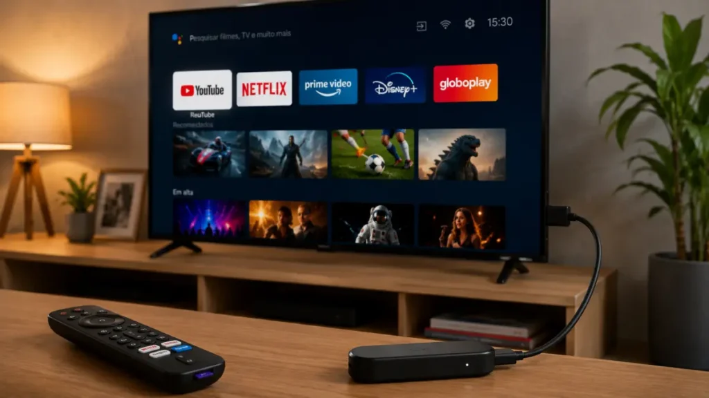 Dispositivo de streaming conectado à Smart TV para melhorar o desempenho do YouTube e de outros aplicativos.