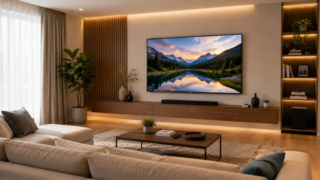 Sala de estar com Smart TV na parede e sofá posicionado à distância ideal para uma visualização confortável.